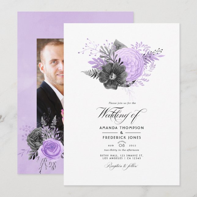 Invitation Lilac et Charcoal Floral Mariage Photo (Devant / Derrière)