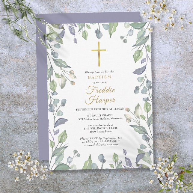 Invitation Lilac Fleur sauvage Aquarelle Baptême Christening (Lilac Wildflowers Watercolor Baptism Christening Invitation)