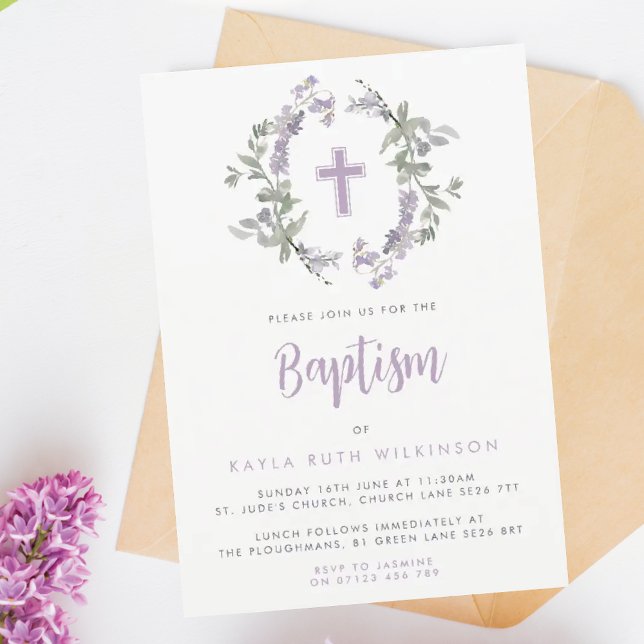 Invitation Lilac Fleur sauvage Wreath & Cross Baby Baptism (Créateur téléchargé)
