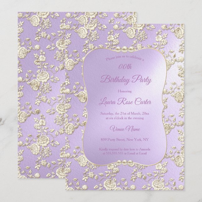 Invitation Lilac Floral Damask Rose Sepia Gold Birthday Party (Devant / Derrière)