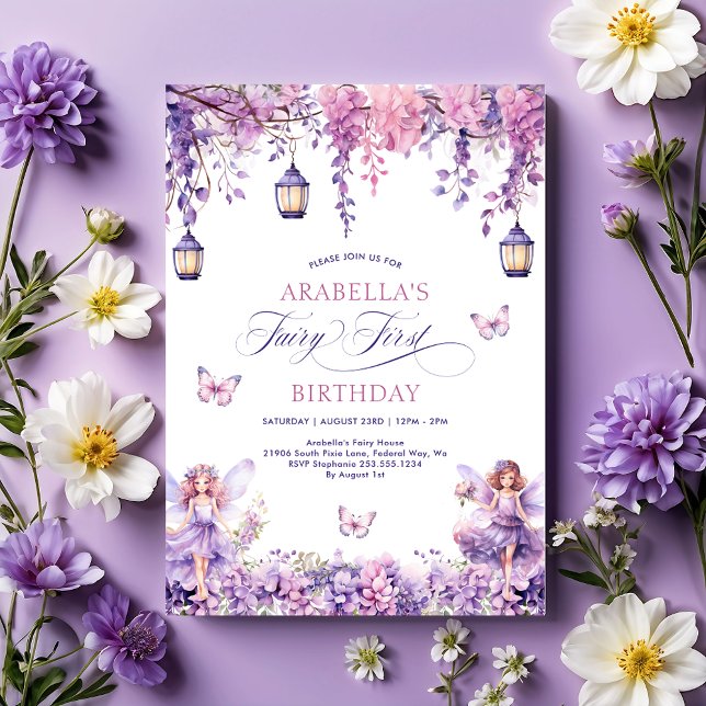 Invitation Lilac Floral Fairy Première fête d'anniversaire (Lilac Floral Fairy First 1st Birthday Party Invitation)