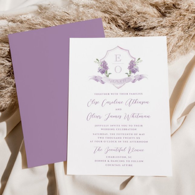 Invitation Lilac Floral Monogram Crest Mariage (Créateur téléchargé)