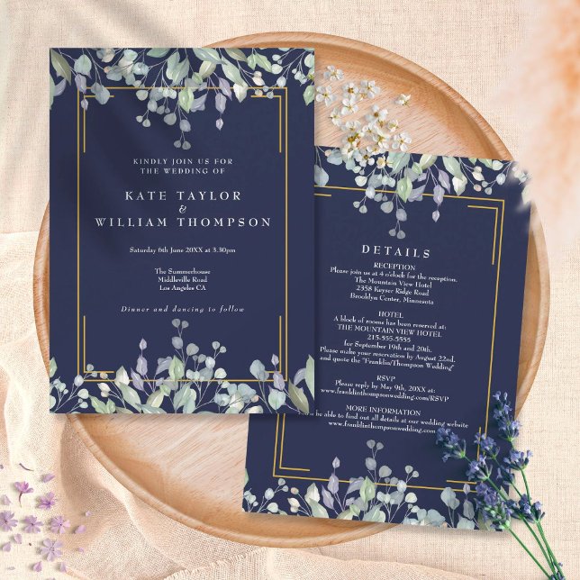 Invitation Lilac Floral Navy Bleu Tout en un Mariage Détails (Créateur téléchargé)
