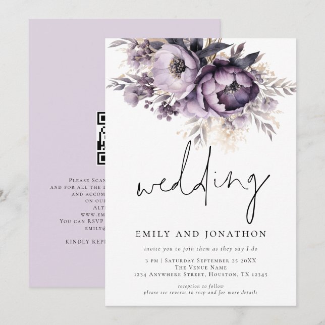 Invitation Lilac Flores violettes Mariage de script informel (Devant / Derrière)