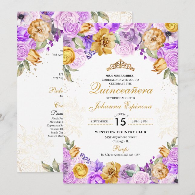 Invitation Lilac & Gold Parties scintillant Florale Tiara Qui (Devant / Derrière)