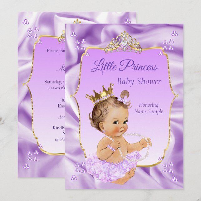 Invitation Lilac Gold Princess Baby shower Fille brune (Devant / Derrière)