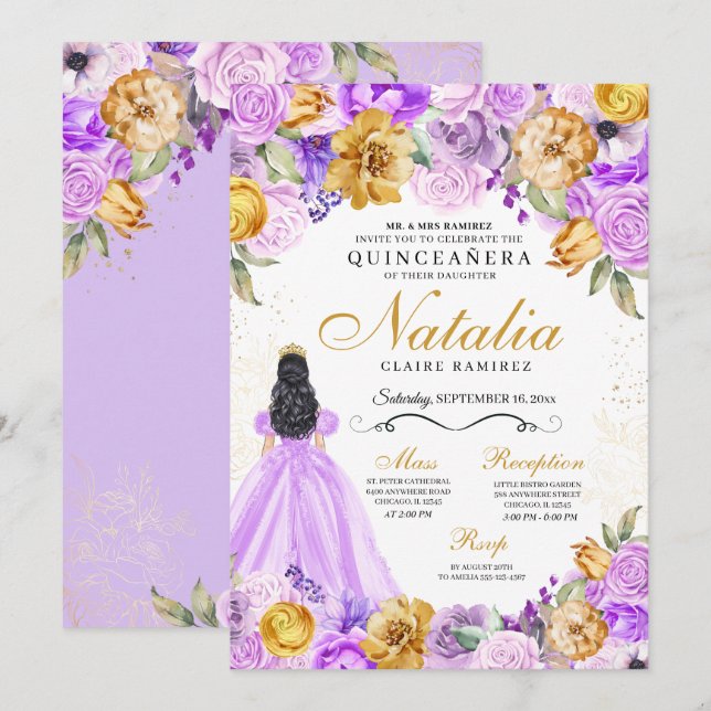 Invitation Lilac Gold Princesse Parties scintillant Tiara Qui (Devant / Derrière)