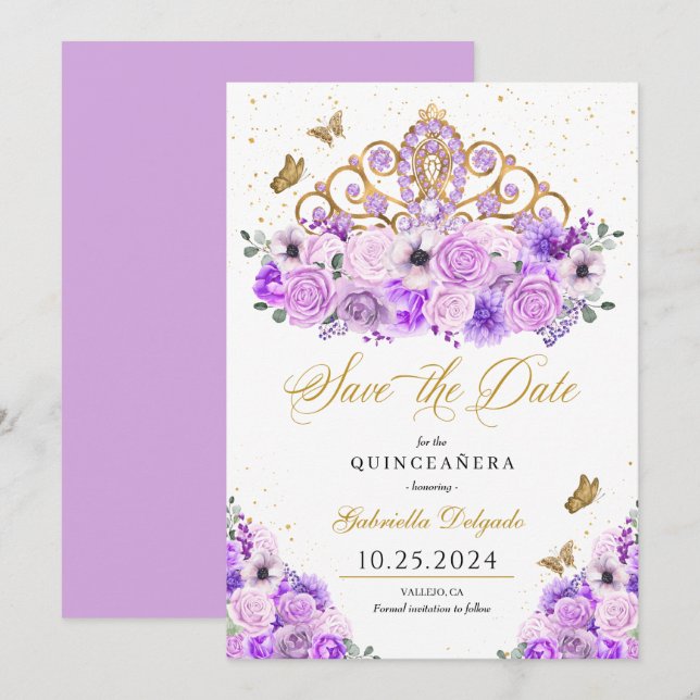 Invitation Lilac & Gold Tiara Enregistrer La Date Quinceañera (Devant / Derrière)