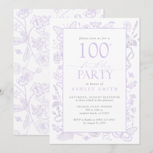 Invitation Lilac Lavender 100e fête d'anniversaire Floral Élé (Devant / Derrière)