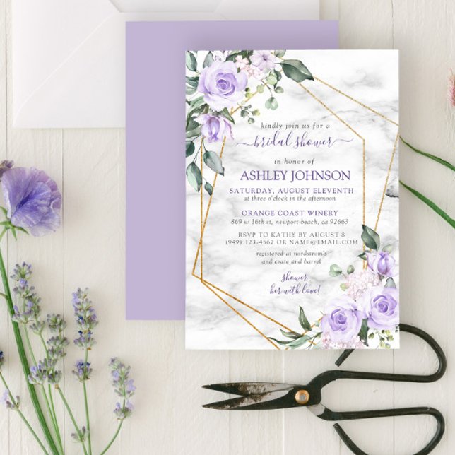 Invitation Lilac Lavender Gold Marbre Fête des mariées floral (Créateur téléchargé)