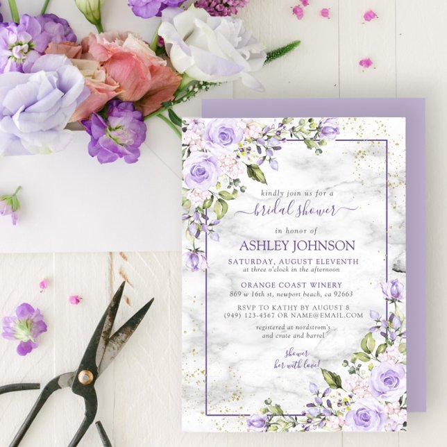 Invitation Lilac Lavender Gold Marbre Fête des mariées floral (Créateur téléchargé)