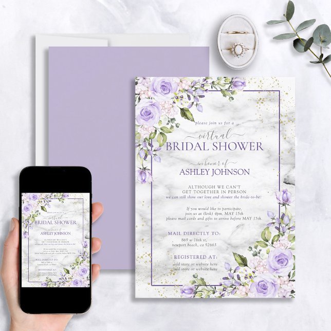 Invitation Lilac Lavender Gold Marbre Floral Douche virtuelle (Créateur téléchargé)