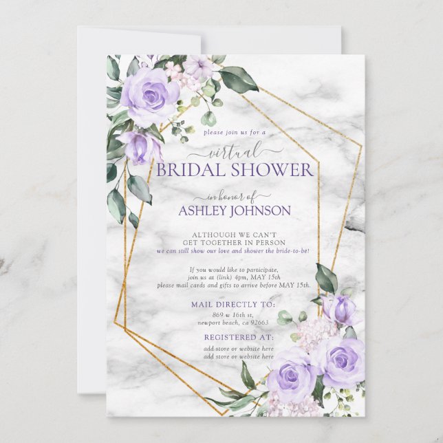 Invitation Lilac Lavender Gold Marbre Floral Douche virtuelle (Devant)