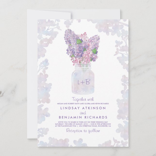 Invitation Lilac Mason Jar | Aquarelle florale Mariage rustiq (Devant)
