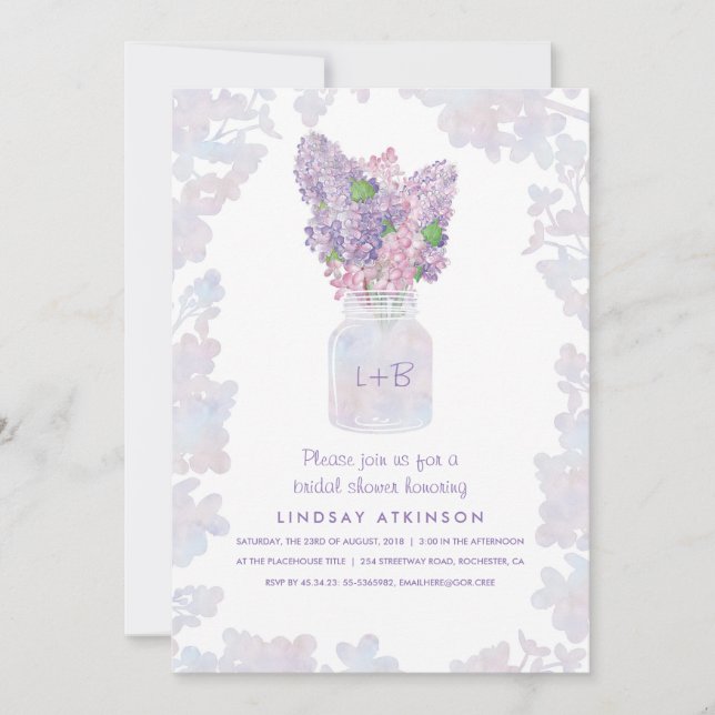 Invitation Lilac Mason Jar | Fête des mariées florale aquarel (Devant)