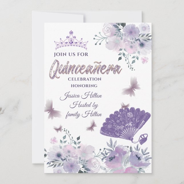 Invitation Lilac Papillon à main florale ventilateur tiara Qu (Devant)