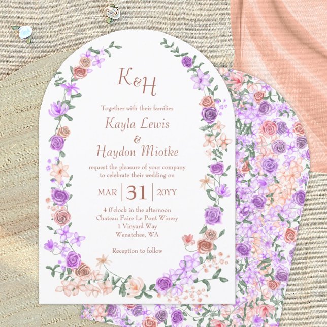 Invitation Lilac & Pêche Rose Jardin Arches Mariage de canopé (lilac and peach floral wedding invitations, rose garden wedding arches)