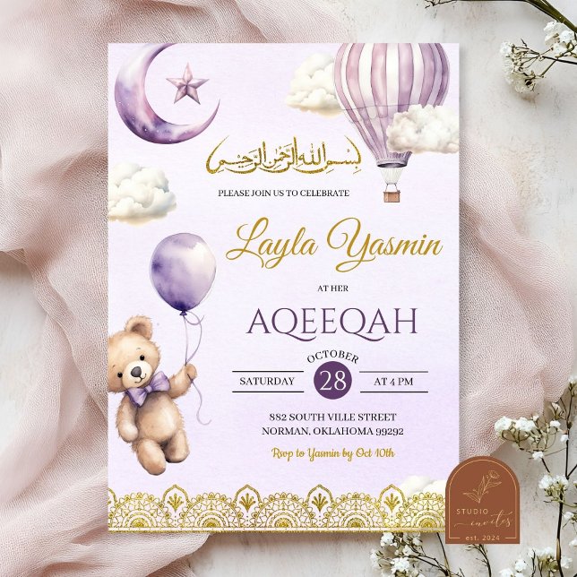 Invitation Lilac Purple Aqeeqah Musulmane Anniversaire Fille (Créateur téléchargé)