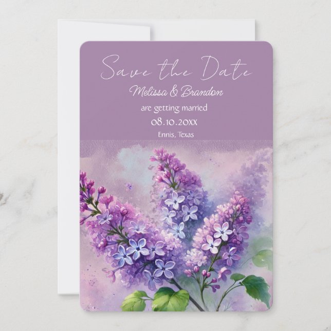 Invitation Lilac Purple Floral Mariage rustique Enregistrer l (Devant)