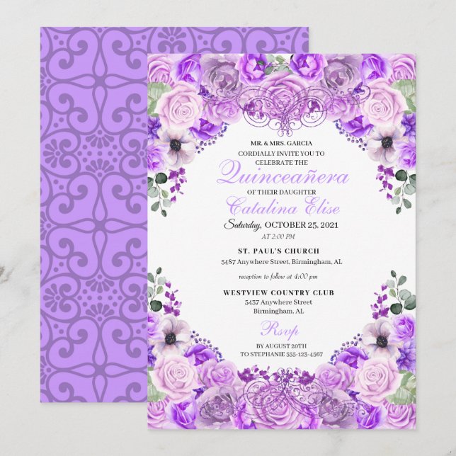 Invitation Lilac Purple Floral Quinceanera Anniversaire (Devant / Derrière)