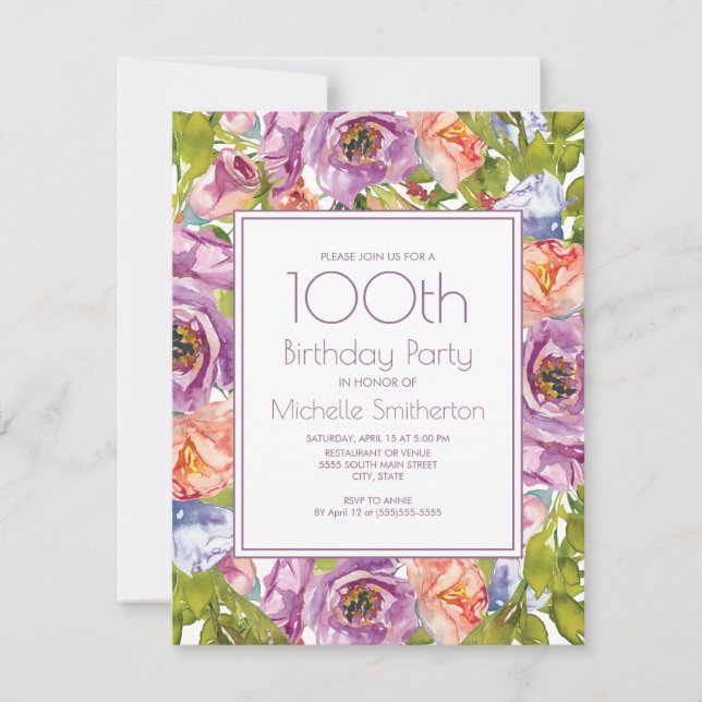 Invitation Lilac Purple Orange Bleu Floral 100e anniversaire (Devant)