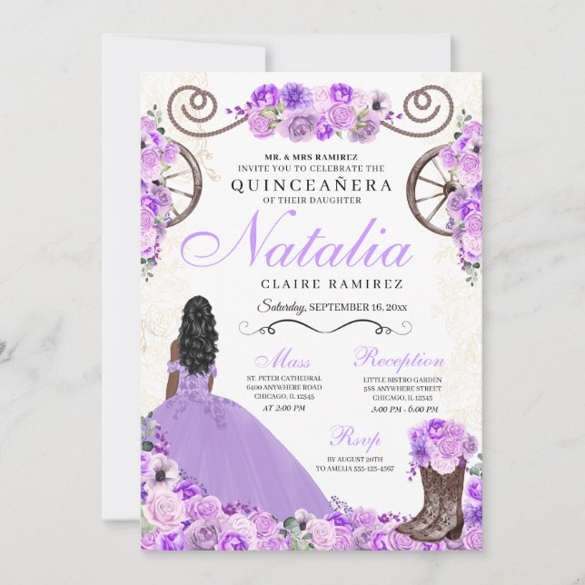 Invitation Lilac Purple Ranchero Princesse Robe Quinceanera (Devant)