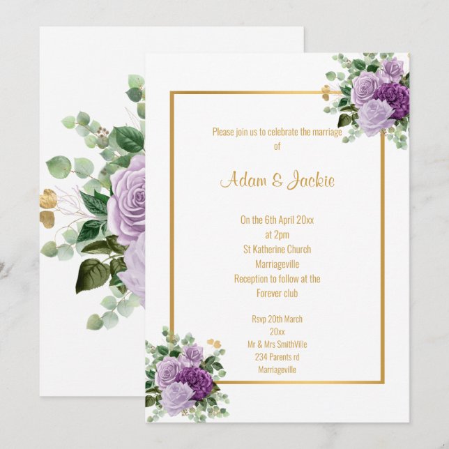 INVITATION LILAC PURPLE ROSE EUCALYPTUS MARIAGE BLANC (Devant / Derrière)