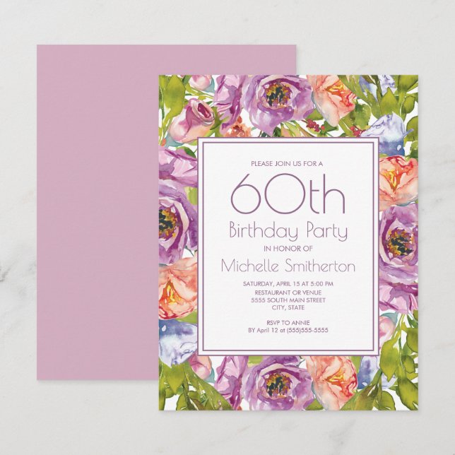 Invitation Lilac Purple Rose Floral 60e Anniversaire Femmes (Devant / Derrière)
