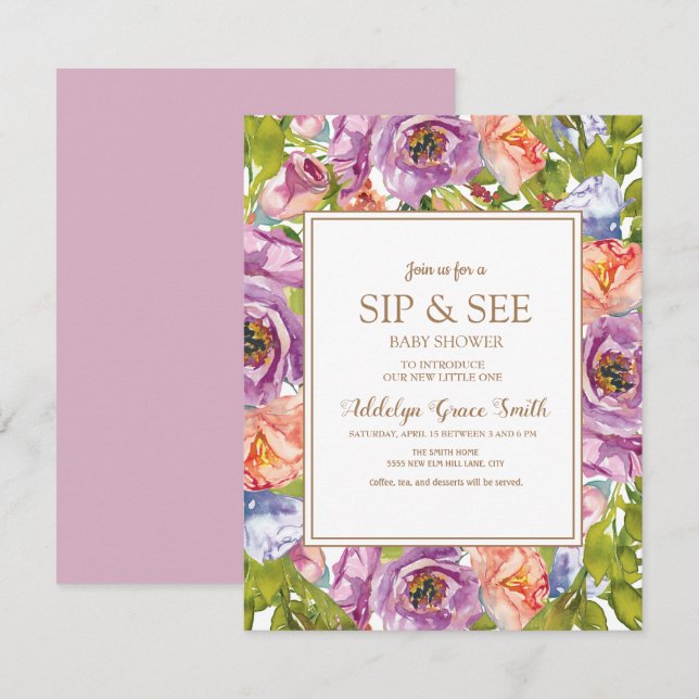 Invitation Lilac Purple Rose Floral Sip Voir Baby shower (Devant / Derrière)