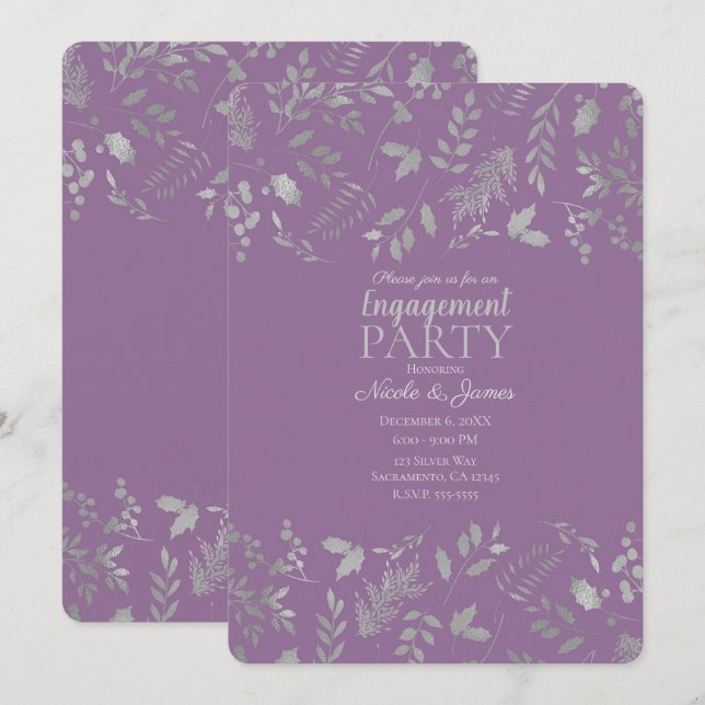 Invitation Lilac Purple Silver Leaves Engagement Botanique (Devant / Derrière)