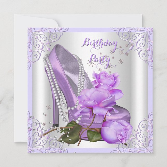 Invitation Lilac Rose Hi Heel Lace Perles Anniversaire (Devant)