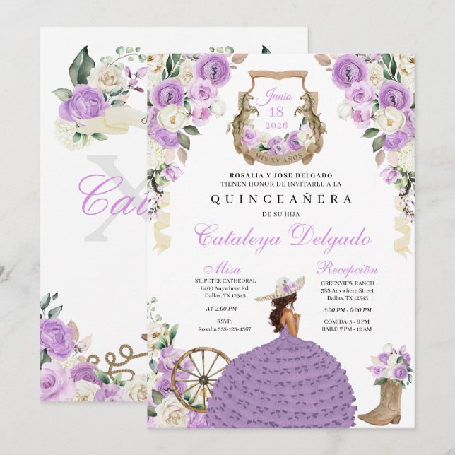 Invitation Lilac Rose Ouest Mariachi Charro Quinceañera (Devant / Derrière)