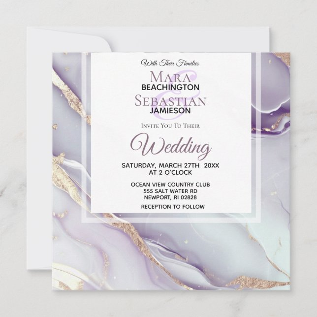 Invitation *~* LILAC RSVP QR GOLD MARBLE AR66 Mariage (Devant)