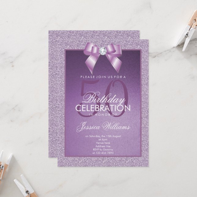 Invitation Lilac Sparkle & Gem élégant Anniversaire (Devant/Arrière en situation)
