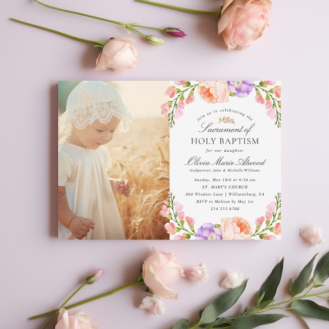 Invitation Lilac Stripe et Bloom Baby Girl Photo Baptême (Créateur téléchargé)
