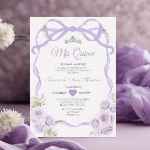 Invitation Lilac Violet Floral Bow Ribbon Argent Mis Quince
