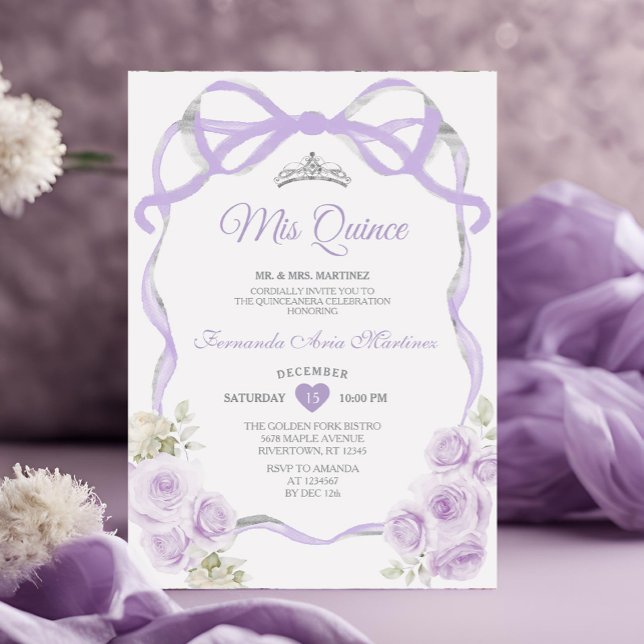 Invitation Lilac Violet Floral Bow Ribbon Argent Mis Quince (Créateur téléchargé)