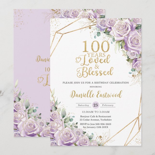 Invitation Lilac Violet Rose Floral 100e Anniversaire Amoureu (Devant / Derrière)