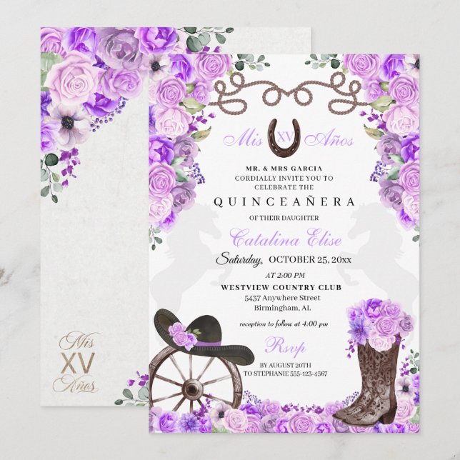 Invitation Lilac Western Charra Ranchero Quinceanera (Devant / Derrière)