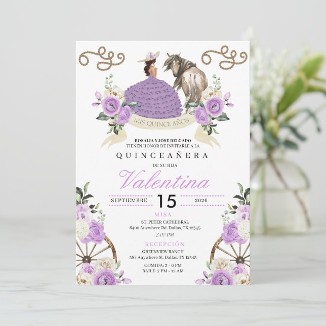 Invitation Lilac Western Fairytale Wagon Wheels Quinceañera (Debout devant)