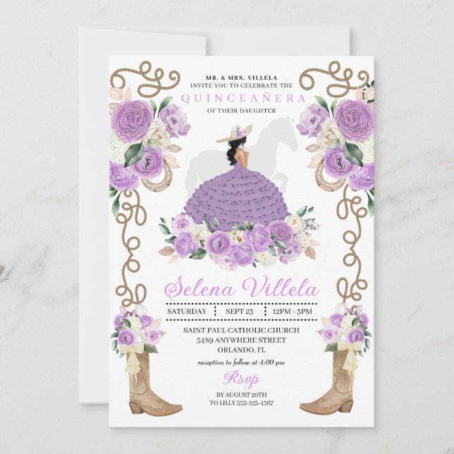 Invitation Lilac Western Mariachi Charro Princesse Quinceañer (Devant)