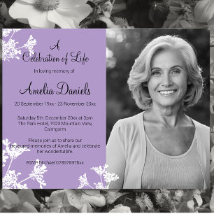 Invitation Lilac White Flower Photo Celebration of Life Card