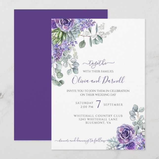 Invitation Lilacs pourpres et succulents, Eucalyptus do-it-yo (Devant / Derrière)