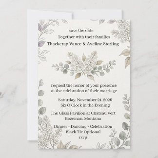 Invitation Lilas blancs, feuillage d'eucalyptus, ligne botani
