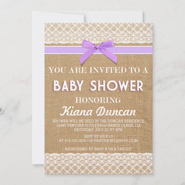 Invitation lilas de baby shower de toile de jute (Devant)