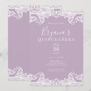 Invitation Lilas Mauve & Blanc Dentelle Élégante Quinceañera