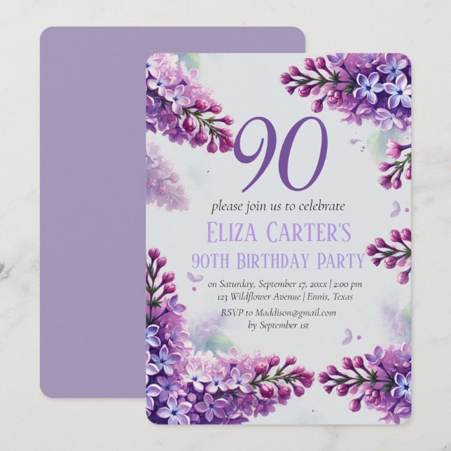 Invitation Lilas Violet 90ème Élégance Florale Anniversaire  (Devant / Derrière)