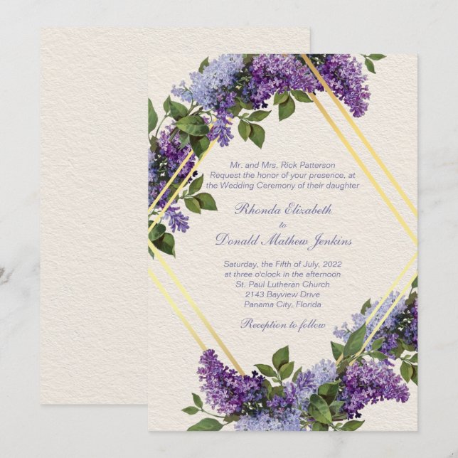 Invitation Lilics violets Mariage romantique (Devant / Derrière)