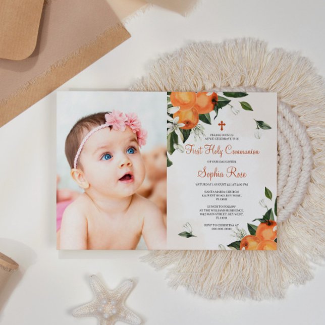 Invitation Lilies & Orange Floral Photo Première Communion Sa (Créateur téléchargé)