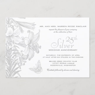 Invitation Lilies Papillon Argent 25e Anniversaire de Mariage